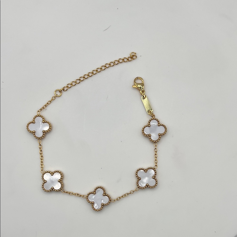 203. 14k Gold Plated White Clover Bracelet 7” - 9” - Picture 2 of 5